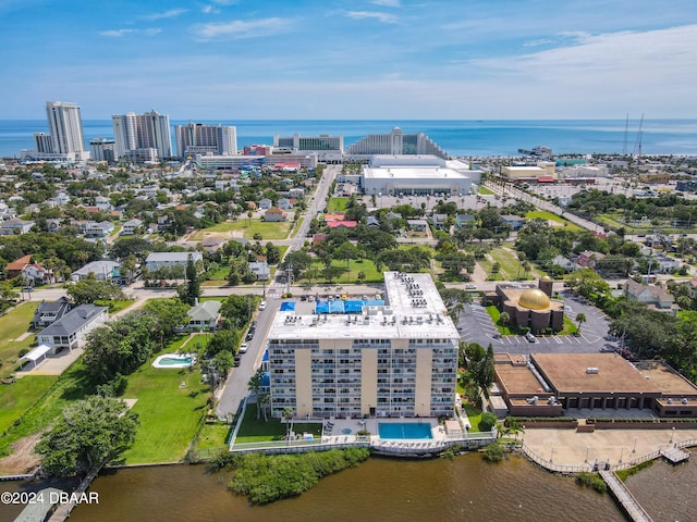 bird's eye view with a water view