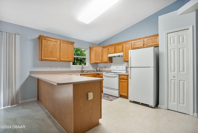 kitchen featuring sink, kitchen peninsula, a textured ceiling, white appliances, and lofted ceiling