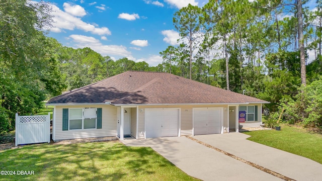 ranch-style house with a garage and a front lawn