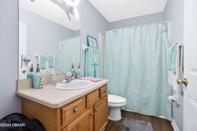 bathroom featuring vanity, hardwood / wood-style flooring, toilet, and a shower with curtain