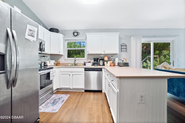 kitchen featuring kitchen peninsula, a wealth of natural light, sink, and appliances with stainless steel finishes