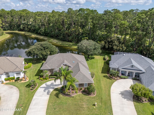 drone / aerial view with a water view