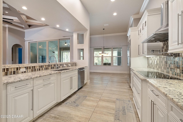 650 Woodbridge Dr, Ormond Beach, FL 32174 - kitchen with wall chimney range hood, dishwasher, black electric stovetop, tasteful backsplash, and recessed lighting