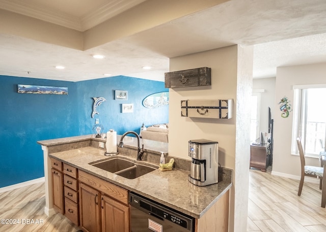 kitchen featuring crown molding, stone countertops, sink, dishwasher, and light hardwood / wood-style flooring