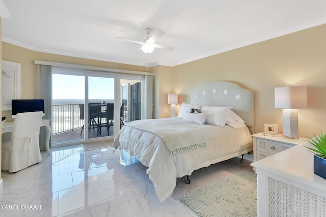 bedroom with access to exterior, ceiling fan, and ornamental molding