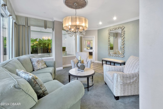 carpeted living room featuring crown molding and an inviting chandelier