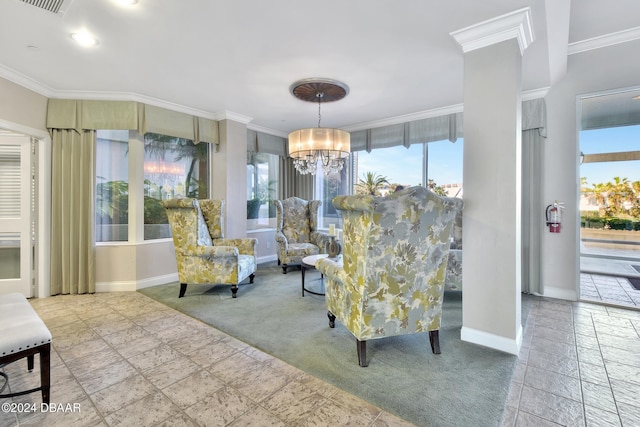 living area with carpet flooring, crown molding, and an inviting chandelier