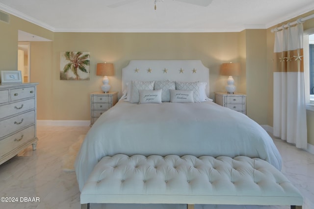 bedroom featuring ceiling fan and ornamental molding