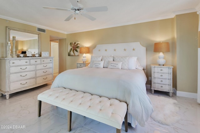 bedroom featuring ceiling fan and crown molding