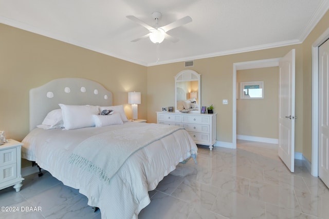 bedroom featuring ceiling fan and ornamental molding