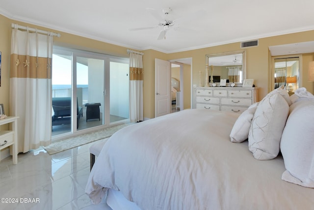 bedroom with ceiling fan and ornamental molding