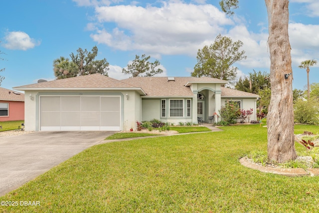 ranch-style house with a front yard, an attached garage, concrete driveway, and stucco siding