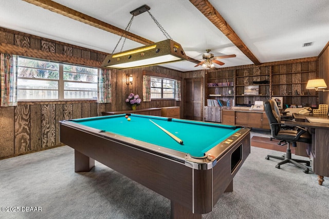 10 Juniper Dr, Ormond Beach, FL 32176 - playroom featuring wood walls, beam ceiling, a ceiling fan, carpet flooring, and billiards