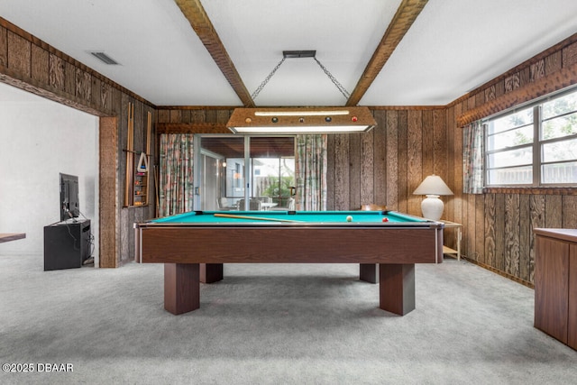 10 Juniper Dr, Ormond Beach, FL 32176 - rec room featuring beam ceiling, carpet flooring, pool table, and wood walls
