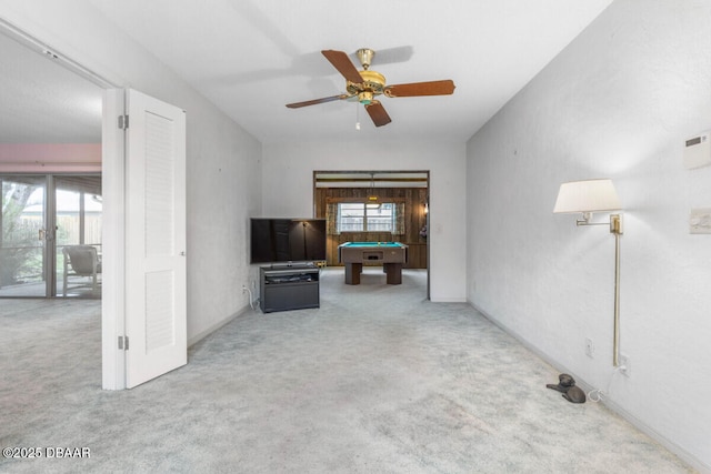 10 Juniper Dr, Ormond Beach, FL 32176 - unfurnished living room featuring billiards, carpet, and ceiling fan