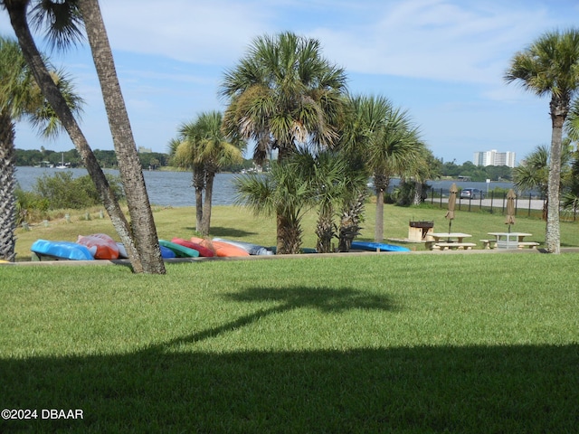 view of property's community featuring a water view and a yard