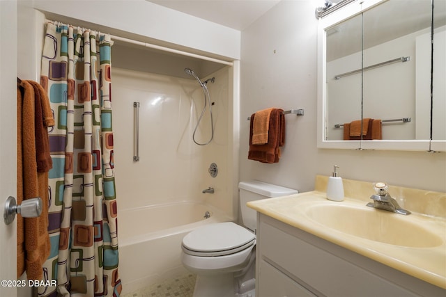 full bathroom with shower / bathtub combination with curtain, vanity, and toilet