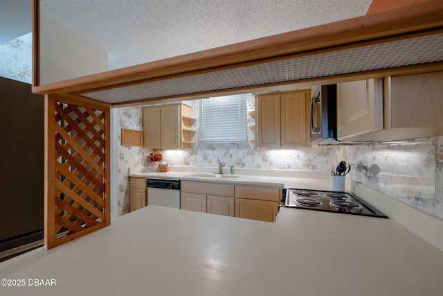 kitchen featuring black microwave, white dishwasher, light brown cabinets, a sink, and light countertops