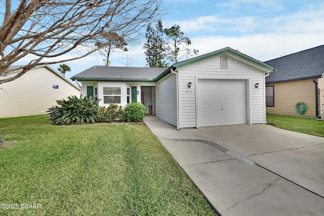 single story home with a front yard and a garage