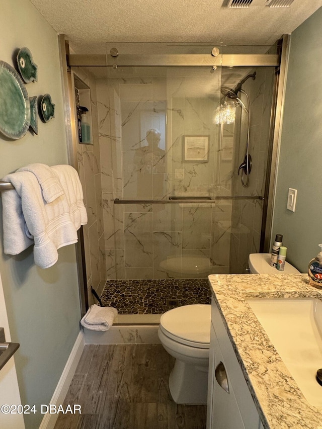 bathroom featuring vanity, a shower with shower door, a textured ceiling, and toilet