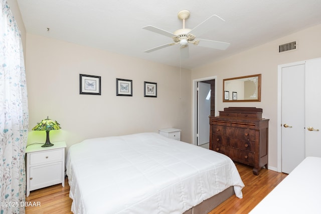 bedroom featuring ceiling fan and light wood-type flooring