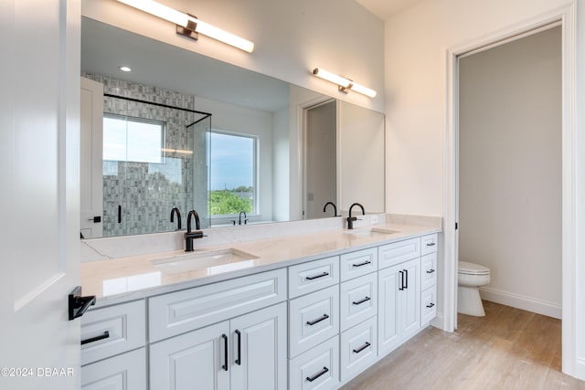 bathroom featuring hardwood / wood-style floors, vanity, toilet, and a shower with shower door