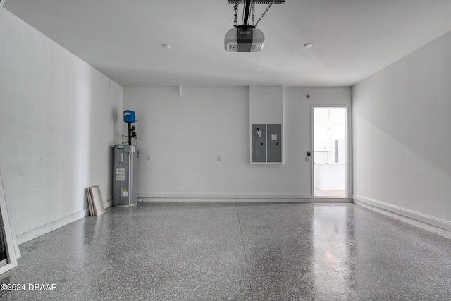 garage with water heater and a garage door opener