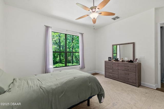 bedroom featuring a ceiling fan, baseboards, and visible vents