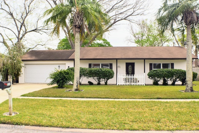 single story home featuring a front yard, an attached garage, fence, and stucco siding