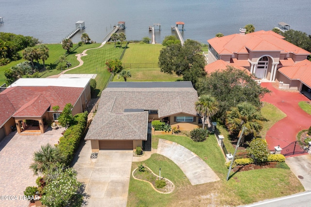 drone / aerial view with a water view