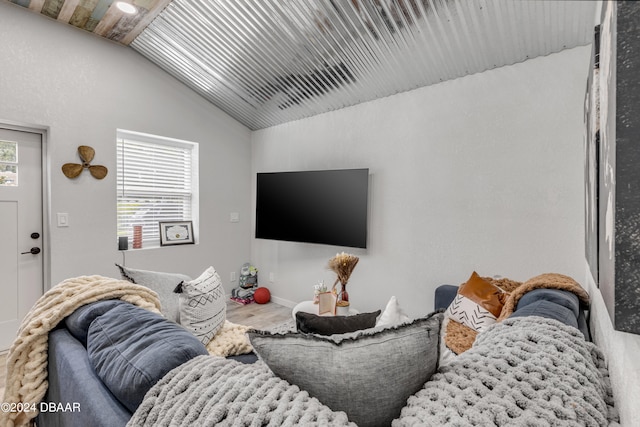 living room featuring hardwood / wood-style floors and vaulted ceiling