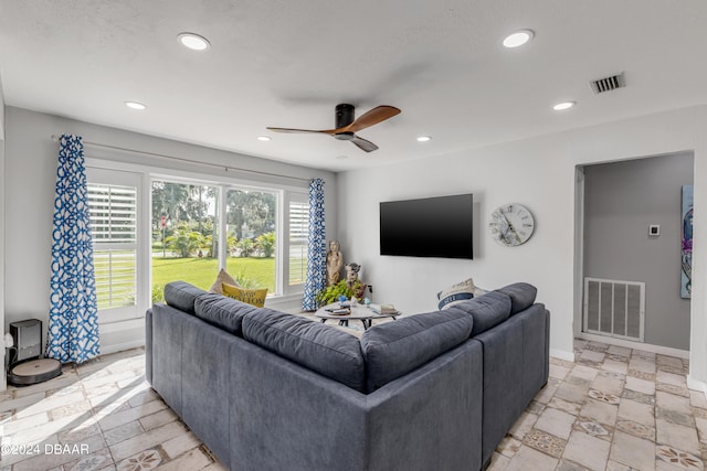 living room with ceiling fan