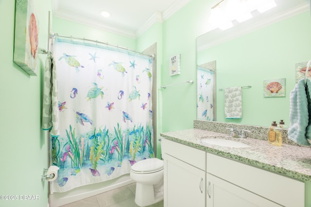 full bathroom with crown molding, vanity, tile patterned floors, toilet, and shower / bath combo with shower curtain