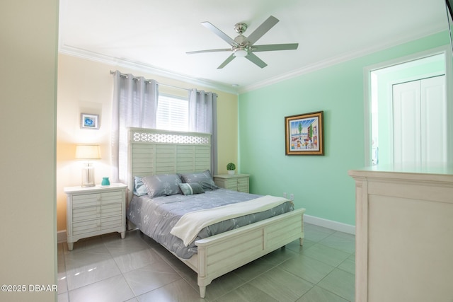 tiled bedroom featuring crown molding and ceiling fan