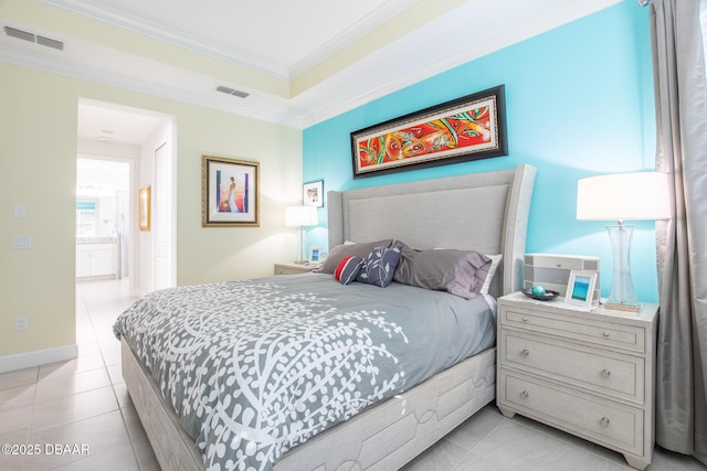 tiled bedroom featuring ornamental molding and a raised ceiling