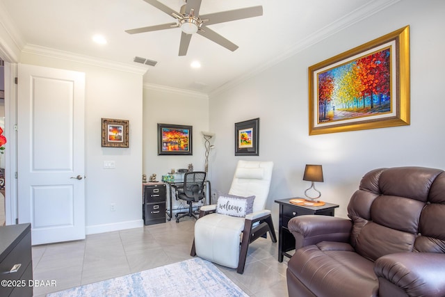 sitting room featuring light tile patterned flooring, ceiling fan, and crown molding