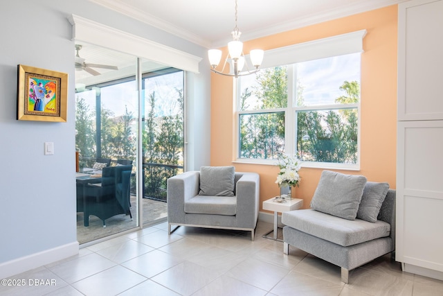 sitting room featuring ornamental molding, a wealth of natural light, and light tile patterned flooring