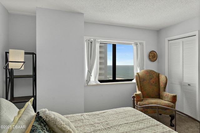 carpeted bedroom featuring a closet and a textured ceiling