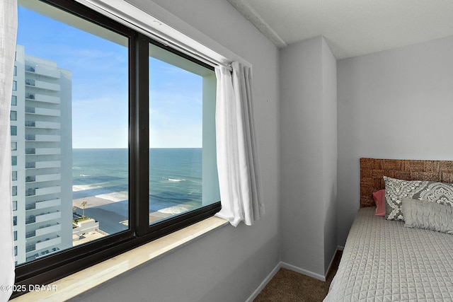 bedroom featuring a water view, multiple windows, baseboards, and carpet flooring