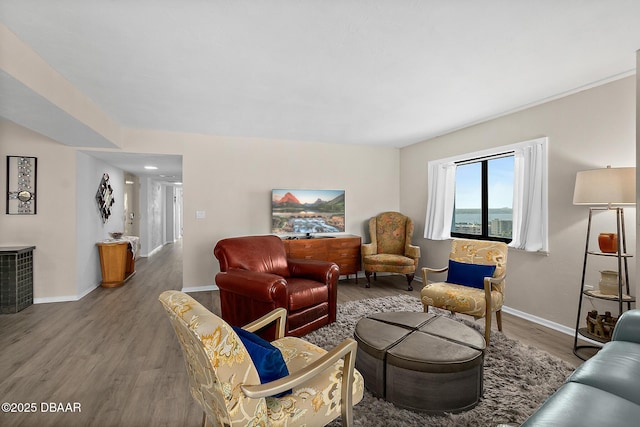 living area featuring wood finished floors and baseboards