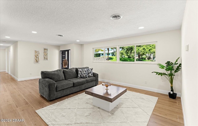 living room with a textured ceiling and light hardwood / wood-style flooring