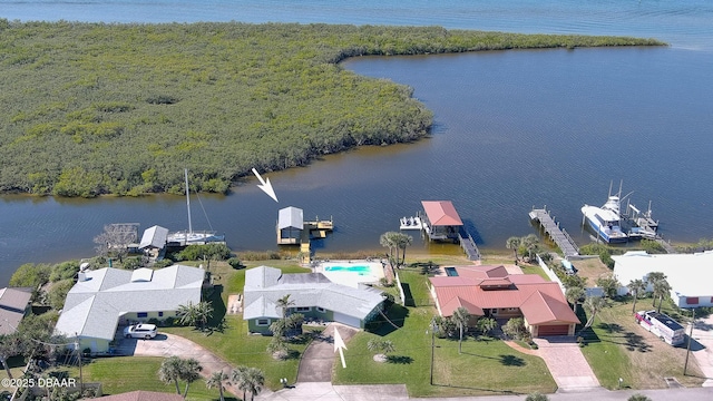 drone / aerial view featuring a water view