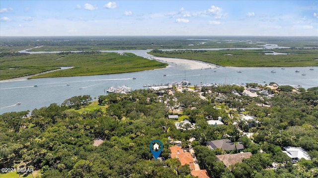 bird's eye view with a water view