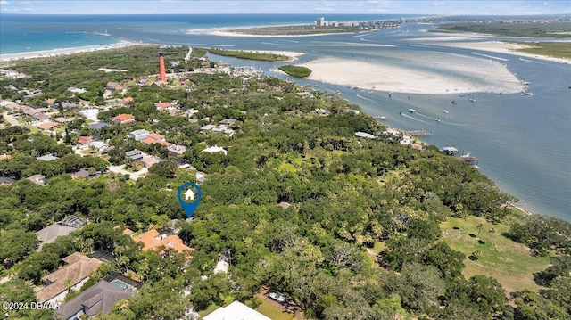 bird's eye view with a beach view and a water view