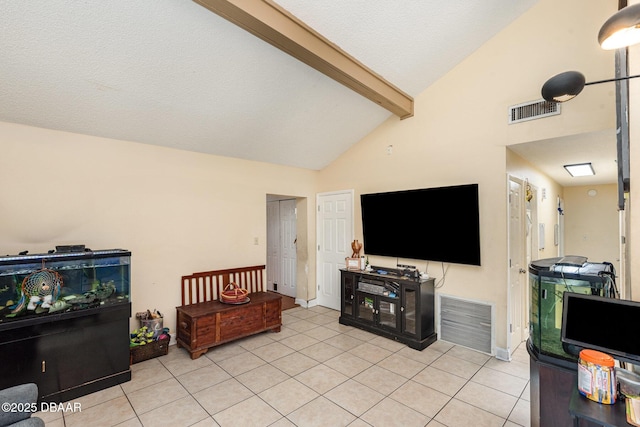 living area featuring visible vents, lofted ceiling with beams, and light tile patterned floors