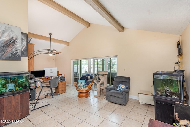 living area with light tile patterned floors, high vaulted ceiling, a ceiling fan, and beam ceiling