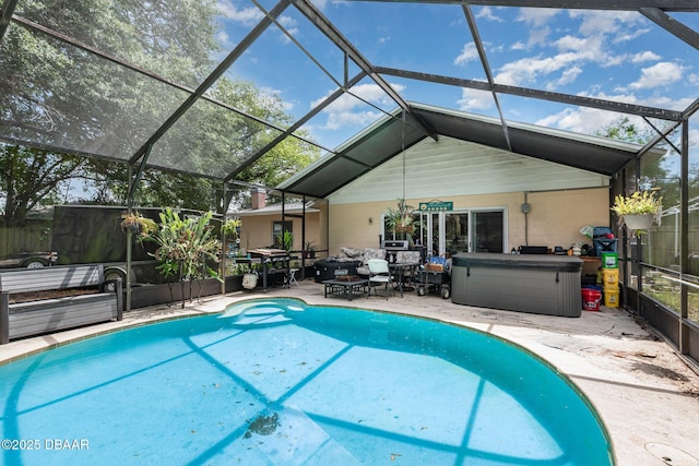 view of pool featuring grilling area, a lanai, a fenced in pool, a patio, and outdoor lounge area