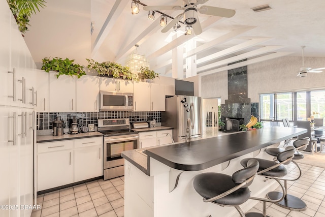 kitchen featuring dark countertops, a ceiling fan, visible vents, and stainless steel appliances