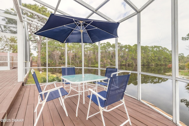 sunroom / solarium with a water view