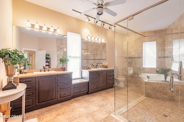 full bathroom with a ceiling fan, vanity, and a shower stall